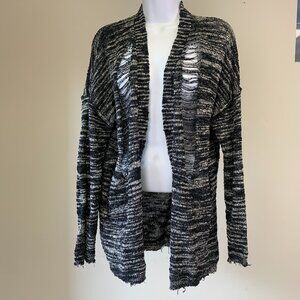 BKE Sweater sz L Large Cardigan Black Gray Distressed Holes Funky Style